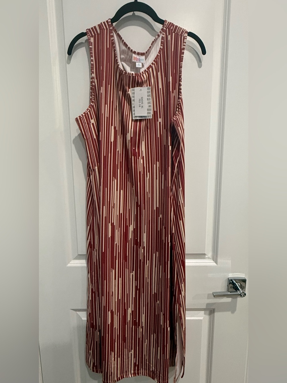 LuLaRoe Sleeveless Maxi Dress in Maroon and Cream Vertical Stripe